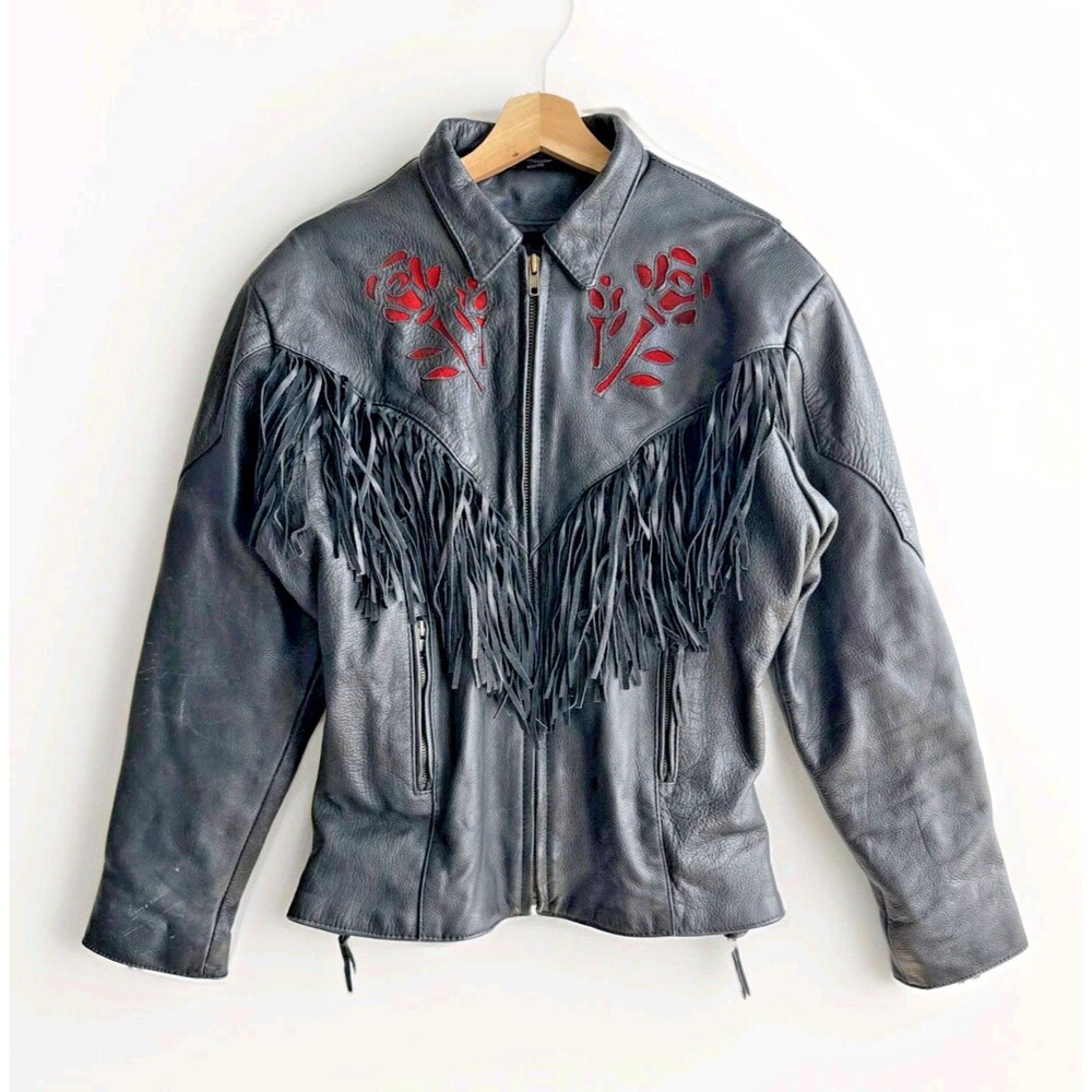 Vintage UNIK Premium Rose Fringe Motorcycle Leather Jacket Black Women’s Large - Picture 1 of 12